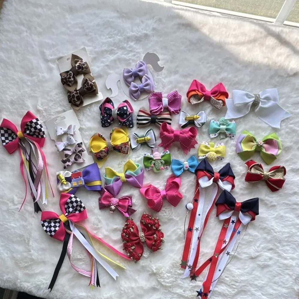 Girls Lot of Minnie Mouse Grosgrain Ribbon Hair Clip Bows Glitter Rhinestone